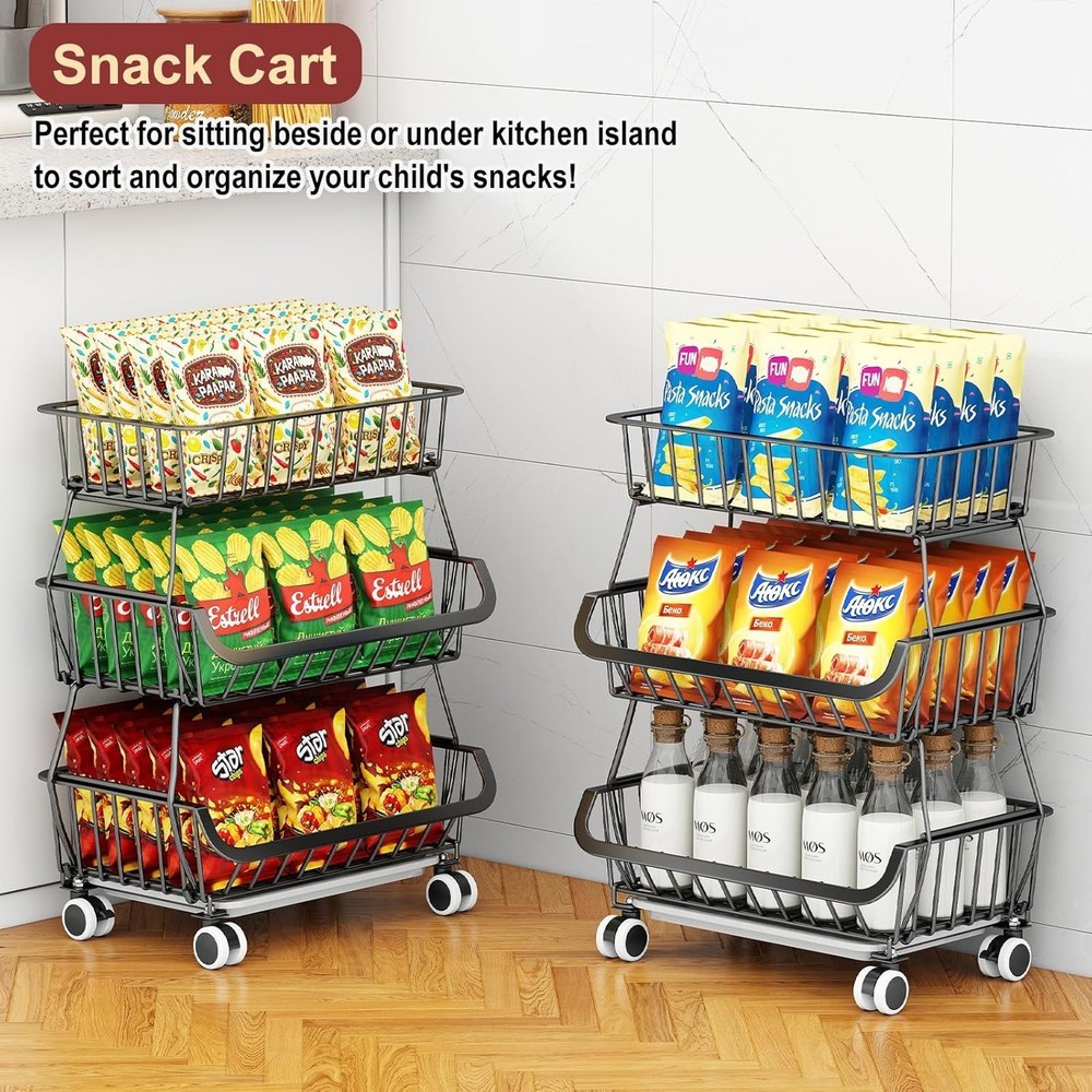 3-Tier Rolling Pantry Cart with Wheels, Stackable Wire Storage Floor Organize...