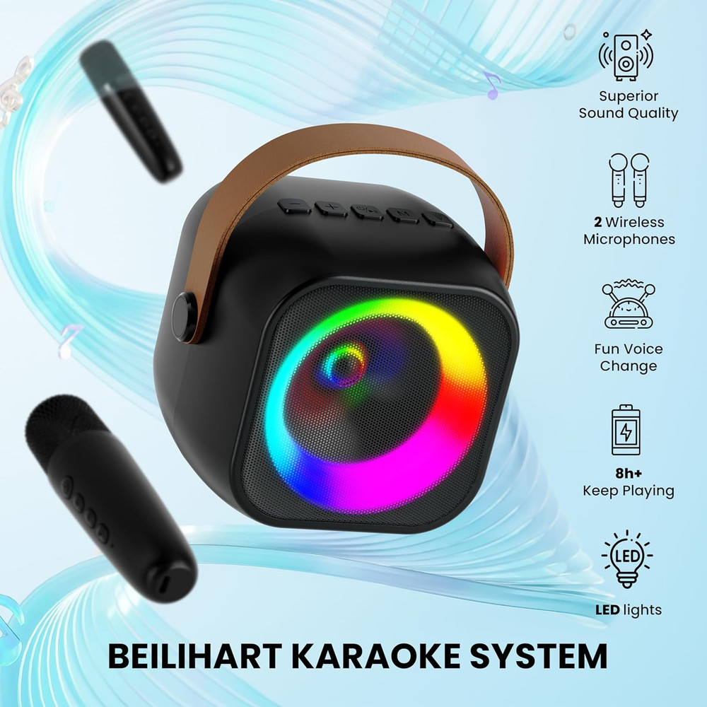 Mini Karaoke Machine, Portable Bluetooth Karaoke Speaker with 2 Wireless Microph