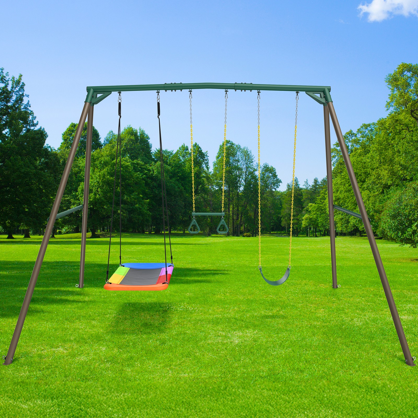 9.5ft Tall A-Frame Heavy Duty Metal Swing Set with 3 Swings and Trapeze Bar