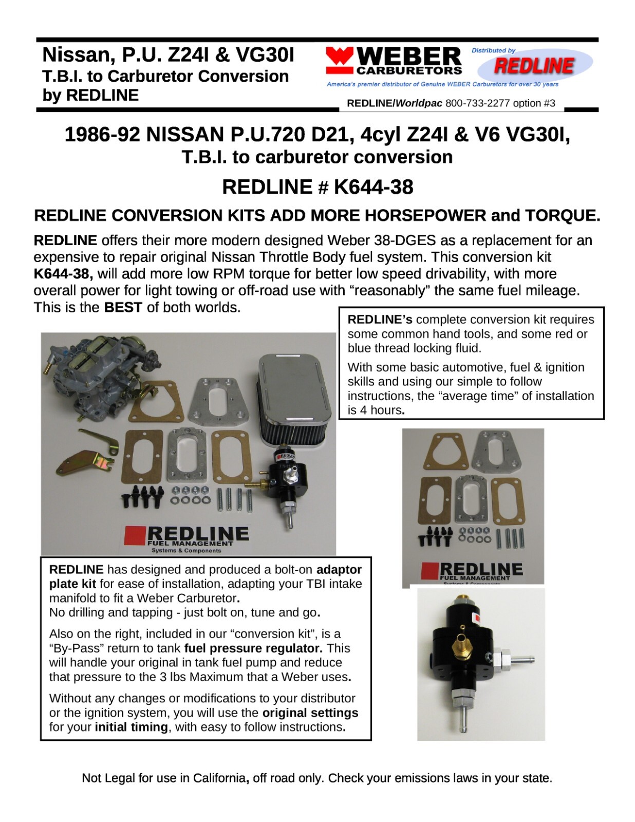 Genuine Weber Carb conversion for 1986 - 1989 Nissan D21 TBI Pickup! FREE SHIP!