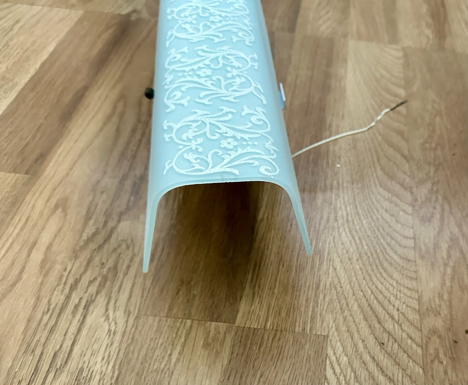 1960s 24” Textured White Glass Scroll Pattern Bathroom U Shaped Light Fixture.