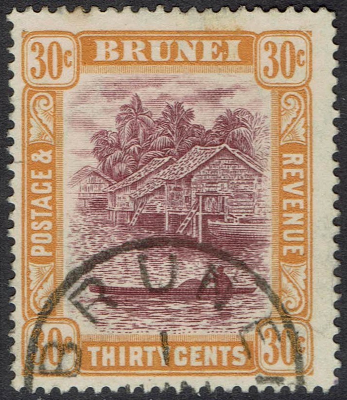 BRUNEI 1924 RIVER VIEW 30C WMK MULTI SCRIPT CA USED
