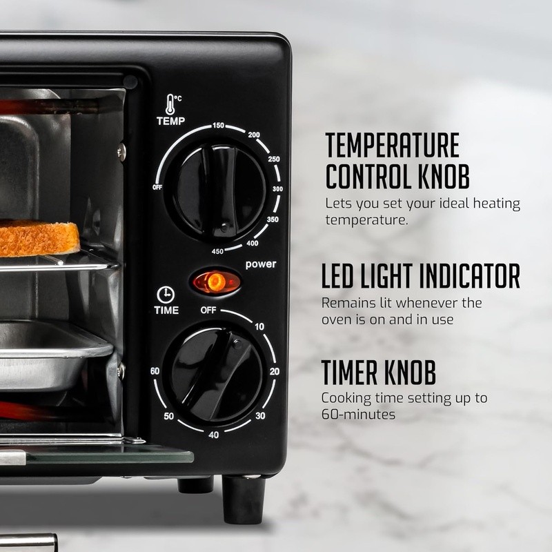 Compact Toaster Oven 750W Adjustable Thermostat Timer Easy Clean Cooking Modes
