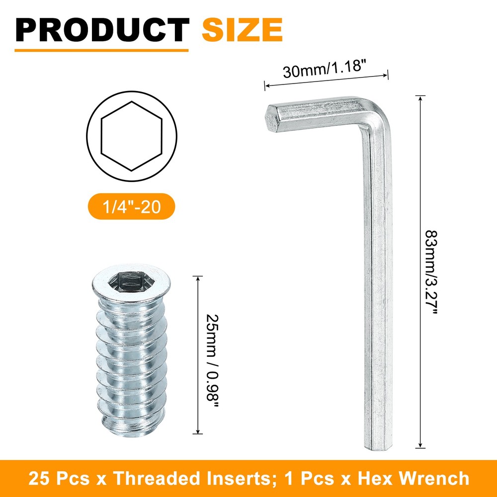 25 Pcs Threaded Insert for Wood, 1/4" - 20 Threaded Studs 25mm Length, Silver