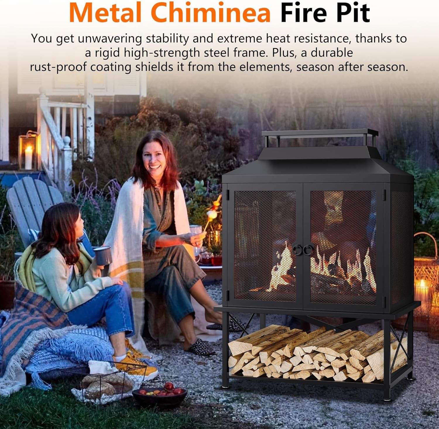 2-in-1 Metal Chiminea Fireplace with Grill with Wood Storage & Chimney for Yards