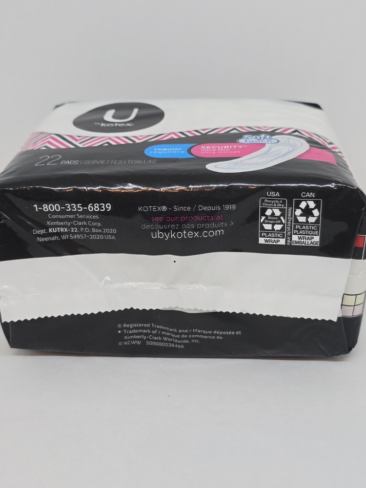 U BY KOTEX REGULAR ULTRA THIN PAD SOFT TOUCH 22 COUNT NEW