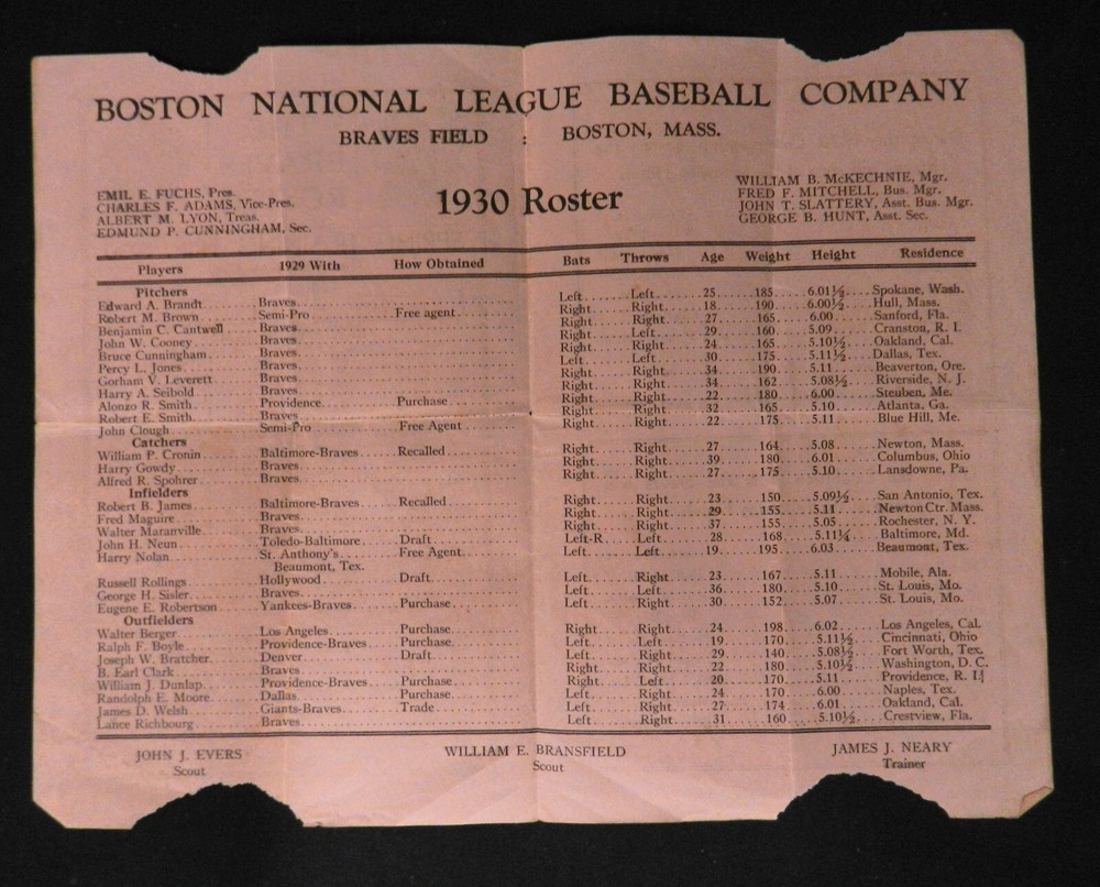 1930 Boston Braves NL Baseball Roster Guide
