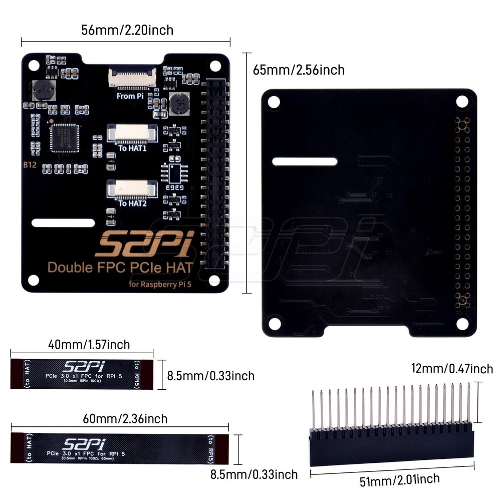 B12 Double FPC PCIe HAT Adapter Board for Raspberry Pi 5