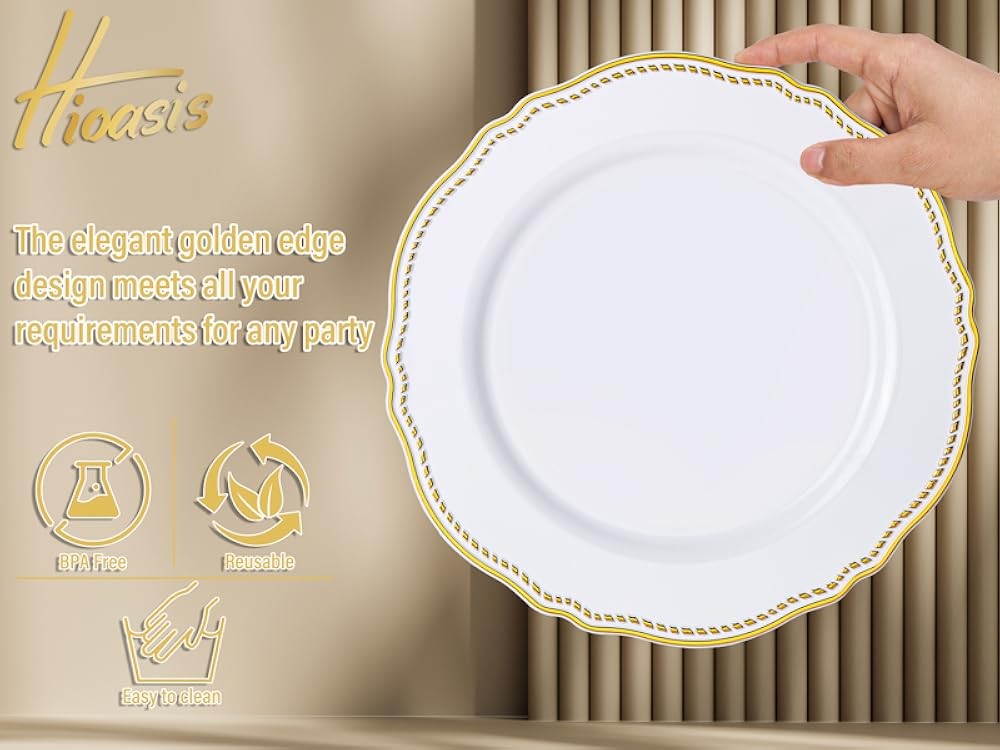 White and Gold Plastic Plates - Gold Plastic Dinnerware Set