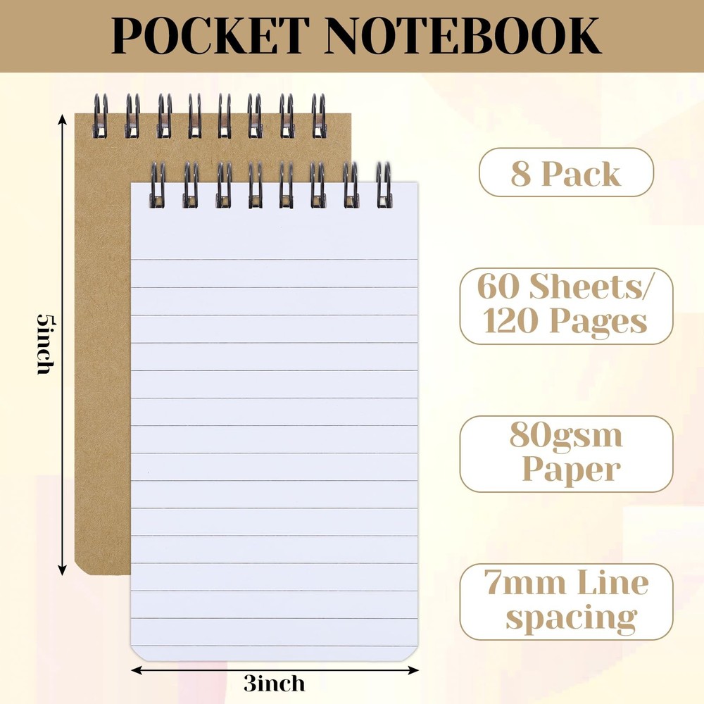 Thboxes 8 Pack Pocket Notebook, 3x5 Small Spiral Notebooks with 3x5", Brown