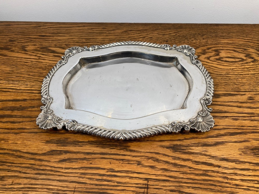 ANTIQUE 19TH C SHELL FORM FRAMED RECESSED SILVER PLATE TRAY DISH