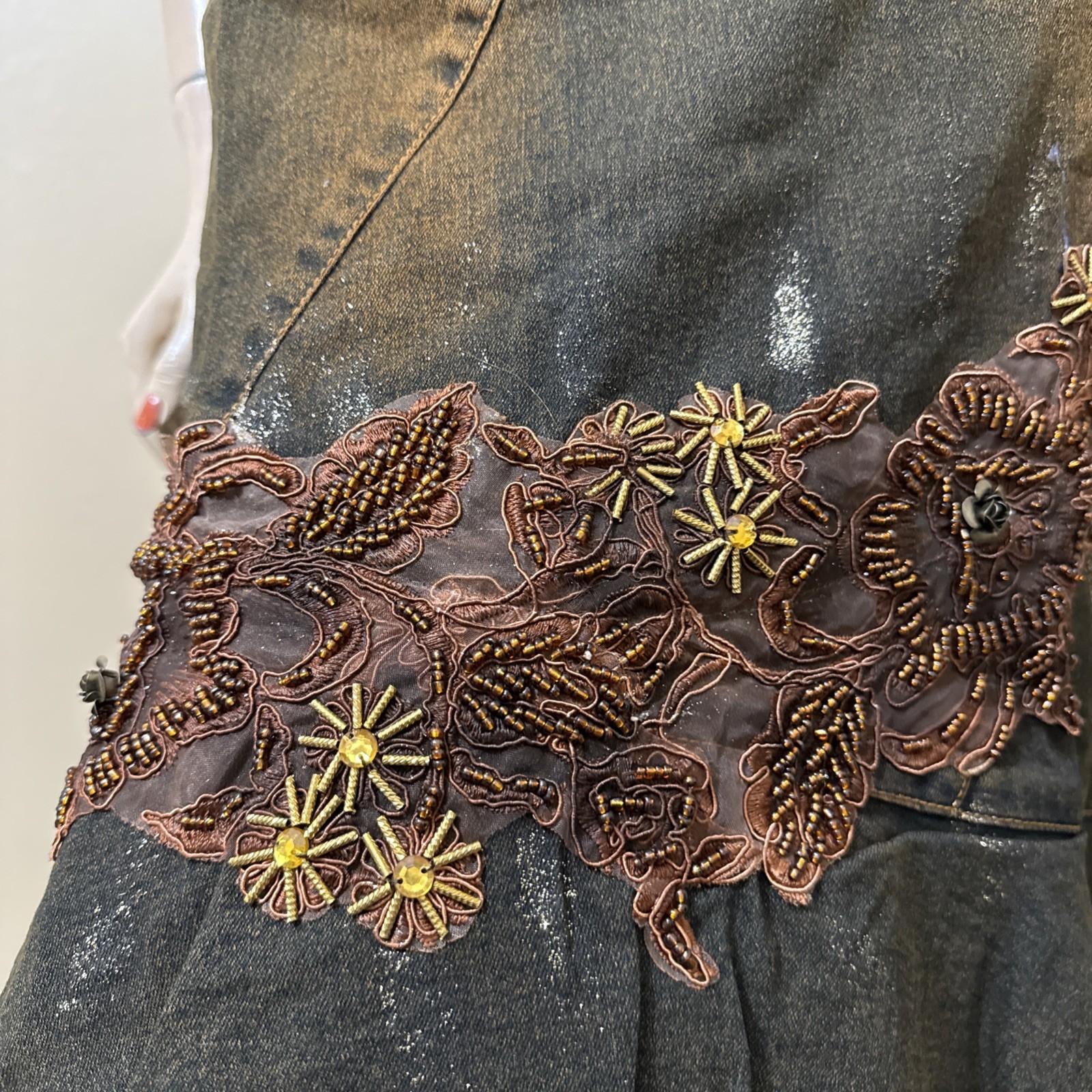 Women’s Brown Denim Cotton Stretch Boho Beaded Lace Zip Size M(6-8) Skirt 3716