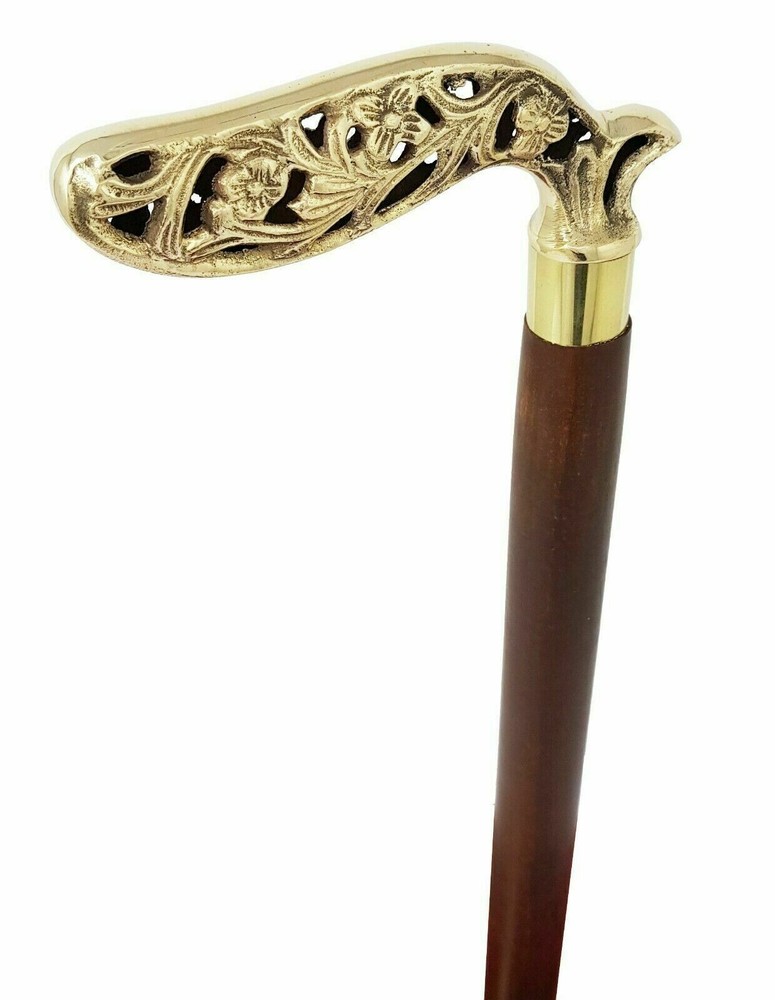 New Engraved Solid Brass Designer Leaf Head Handle Wooden Walking Stick Handmade