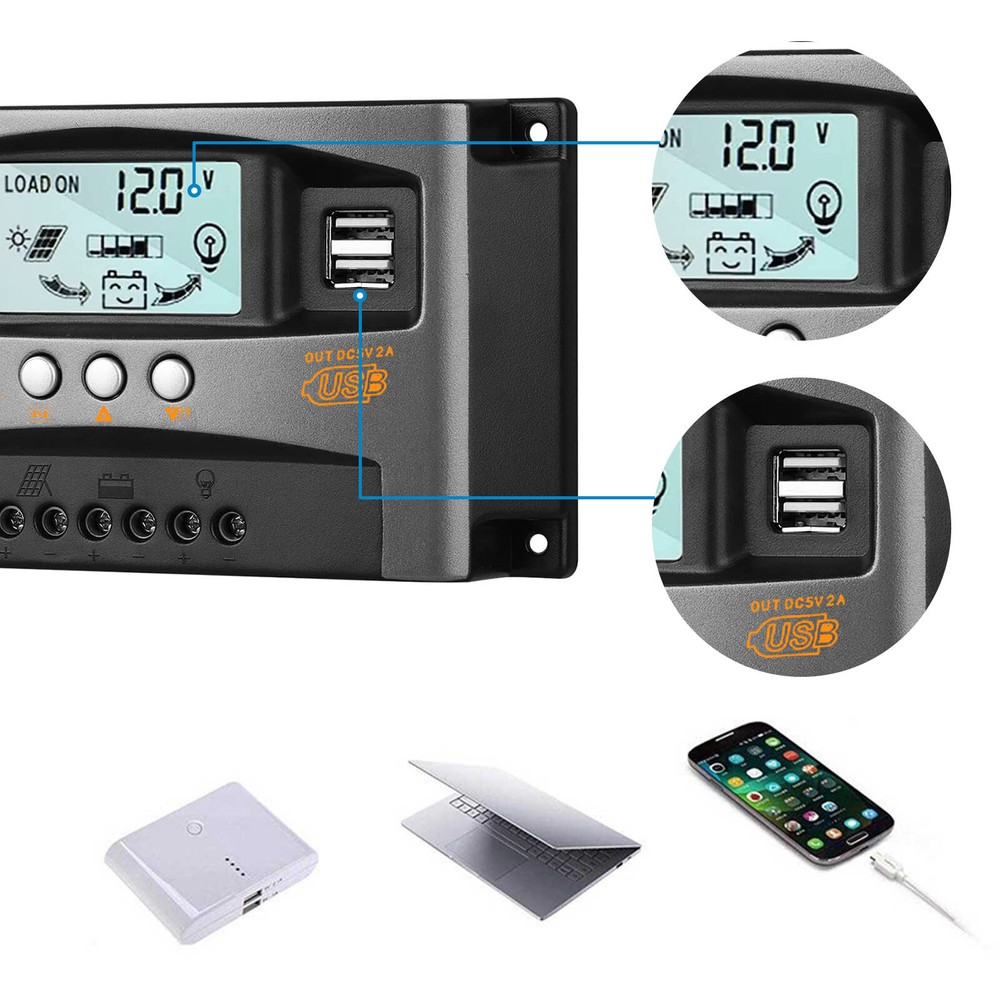 30A 60A MPPT Solar Panel Battery Charge Controller 12V/24V Regulator Dual USB