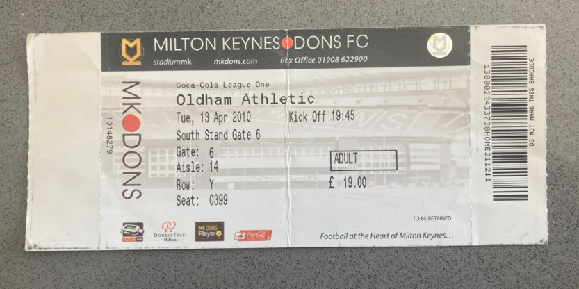Milton Keynes Dons v Oldham Athletic 2009-10 Match Ticket