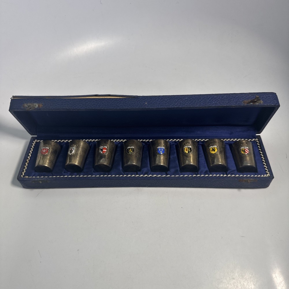 VTG GERMANY SET 8 GERMAN CITY COAT OF ARMS SILVER PLATE SHOT GLASS CUPS W/ CASE