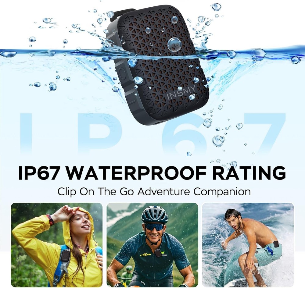 Waterproof Bluetooth Clip-On Speaker Wireless Stereo Mic Light Compact Black