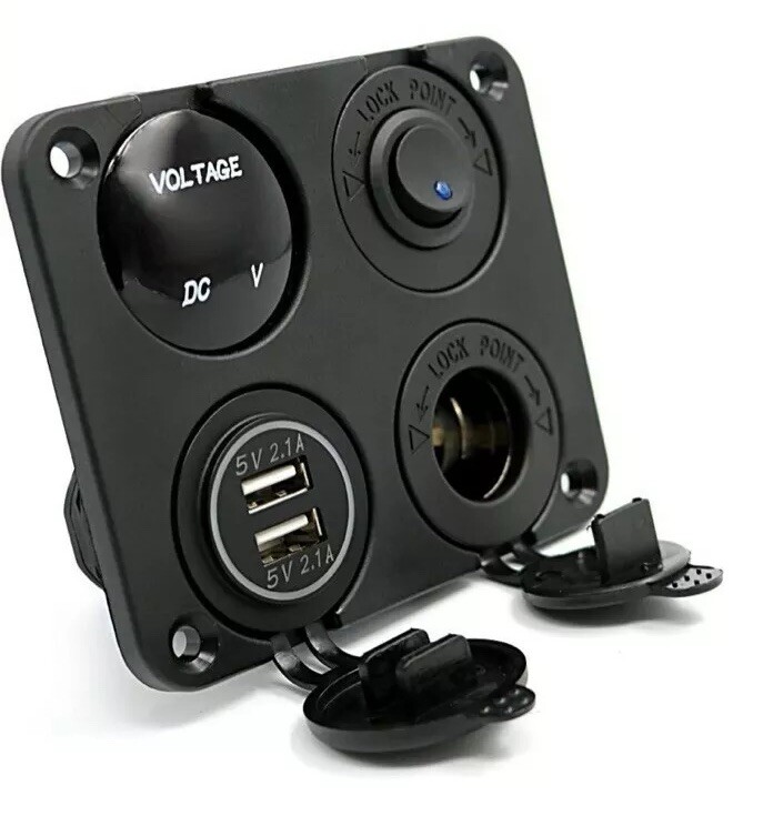 Blue LED Switch Panel Kit Dual USB Car Charger+Voltmeter+12V Power Socket+On-Off