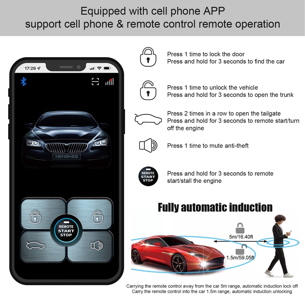 Remote Car Keyless Entry Engine Start Alarm System Push Button Starter Stop App
