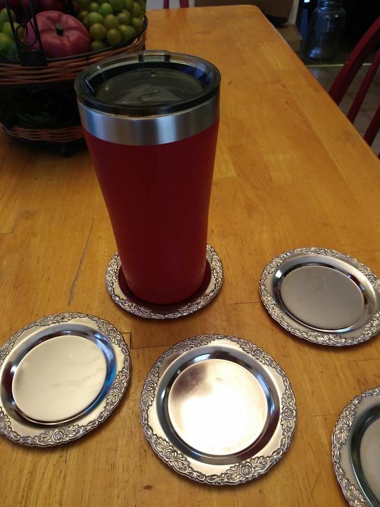 5 Silver Plated Coasters With Roses
