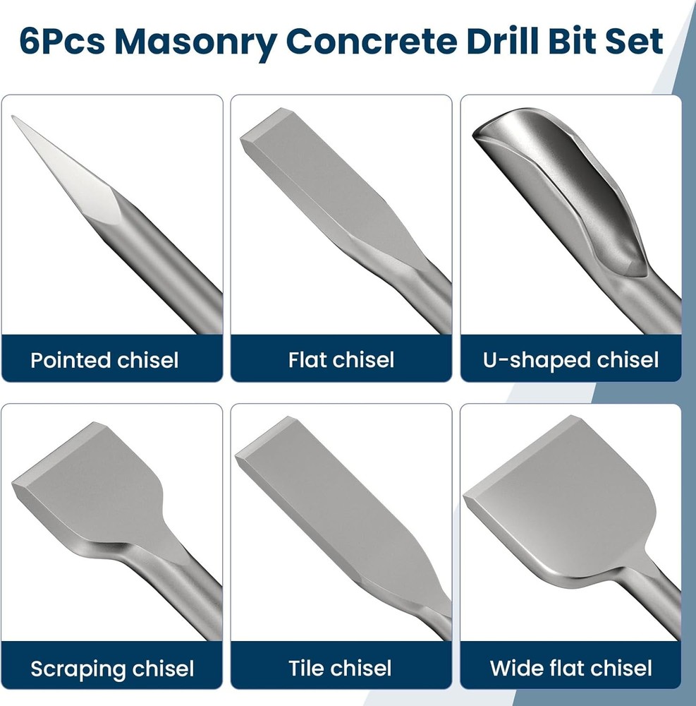 TOOVEM 6pc SDS Plus Chisel Set, SDS Plus Shanks Masonry Concrete Drill Bit Set