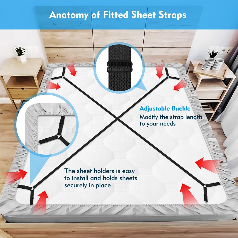 Xunesip Bed Sheet Straps, 2Pcs Elastic Adjustable Bed Sheet Holder Straps, Fi...