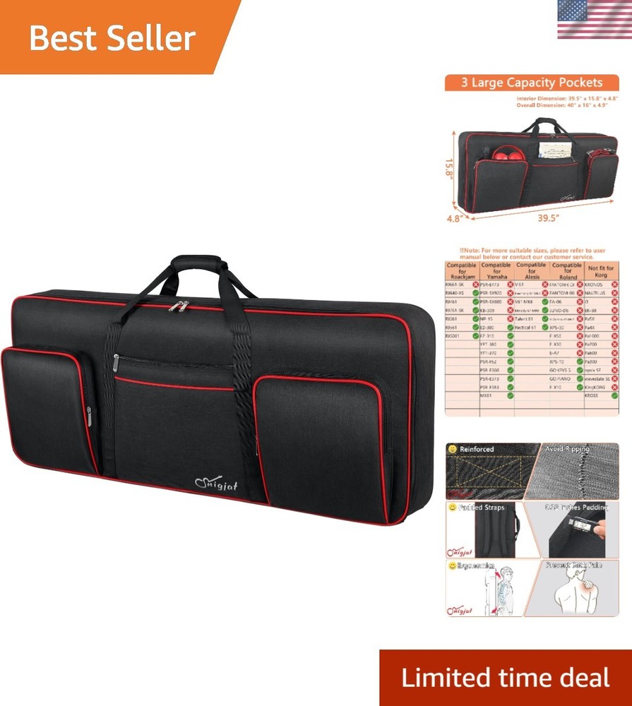 61 Key Keyboard Case with Adjustable Straps & 3 Storage Pockets, Black/Red
