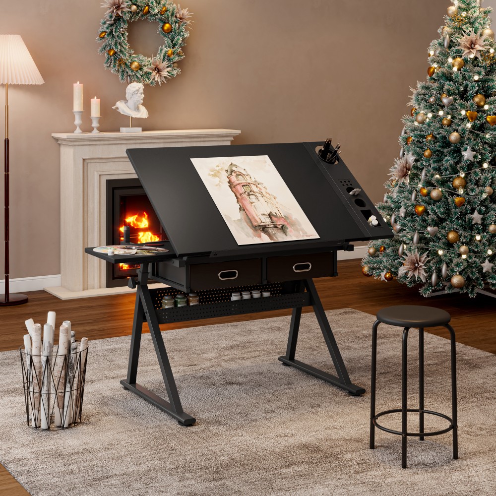 Adjustable drawing drafting table desk for home office and school with stool