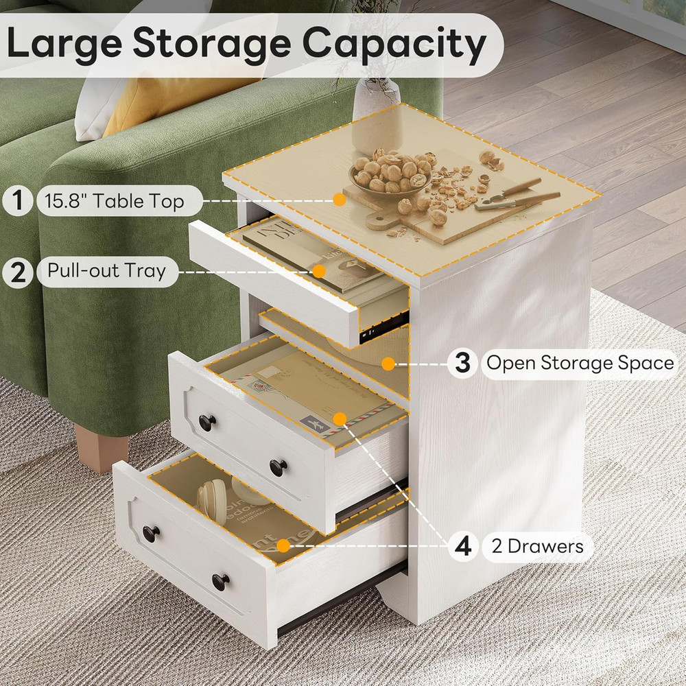 Night Stand, Modern Bedside Table with 2 Drawers, Open Shelf, End Table with Pul