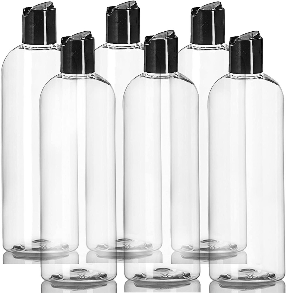 16 oz Clear Plastic Empty Bottles with Black Disc Top Caps, Squeezable Refillabl