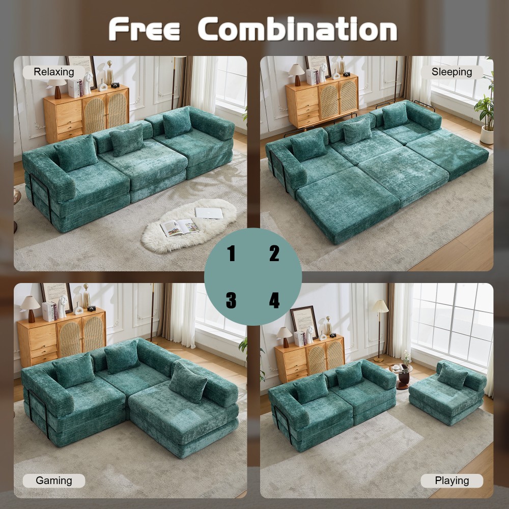 3-Seater Convertible Sofa Bed with Memory Foam, Folding Chenille Floor Sofa