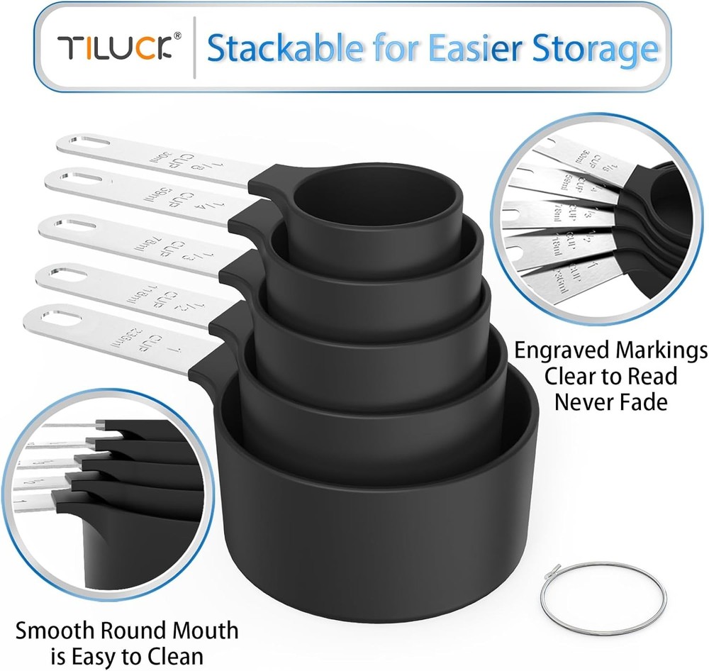 Measuring Cups & Spoons Set Stackable Nesting Stainless Handle Black