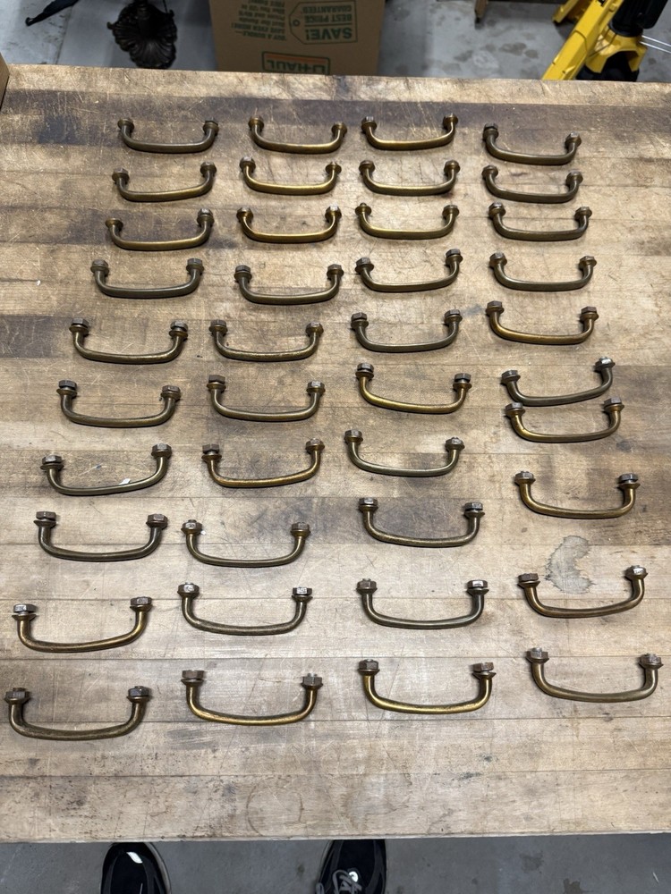 40 Matching Vintage Solid Brass Original Drawer / Bin Pull Industrial Hardware