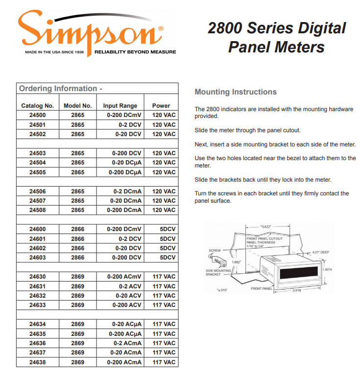 Simpson 2866 DC Voltage Panel Meter, New in Box