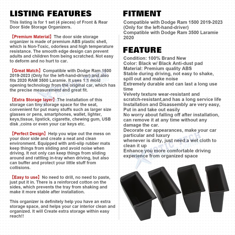 Side Door Handle Armrest Storage Organizer Accessories For Dodge RAM 1500 2019+