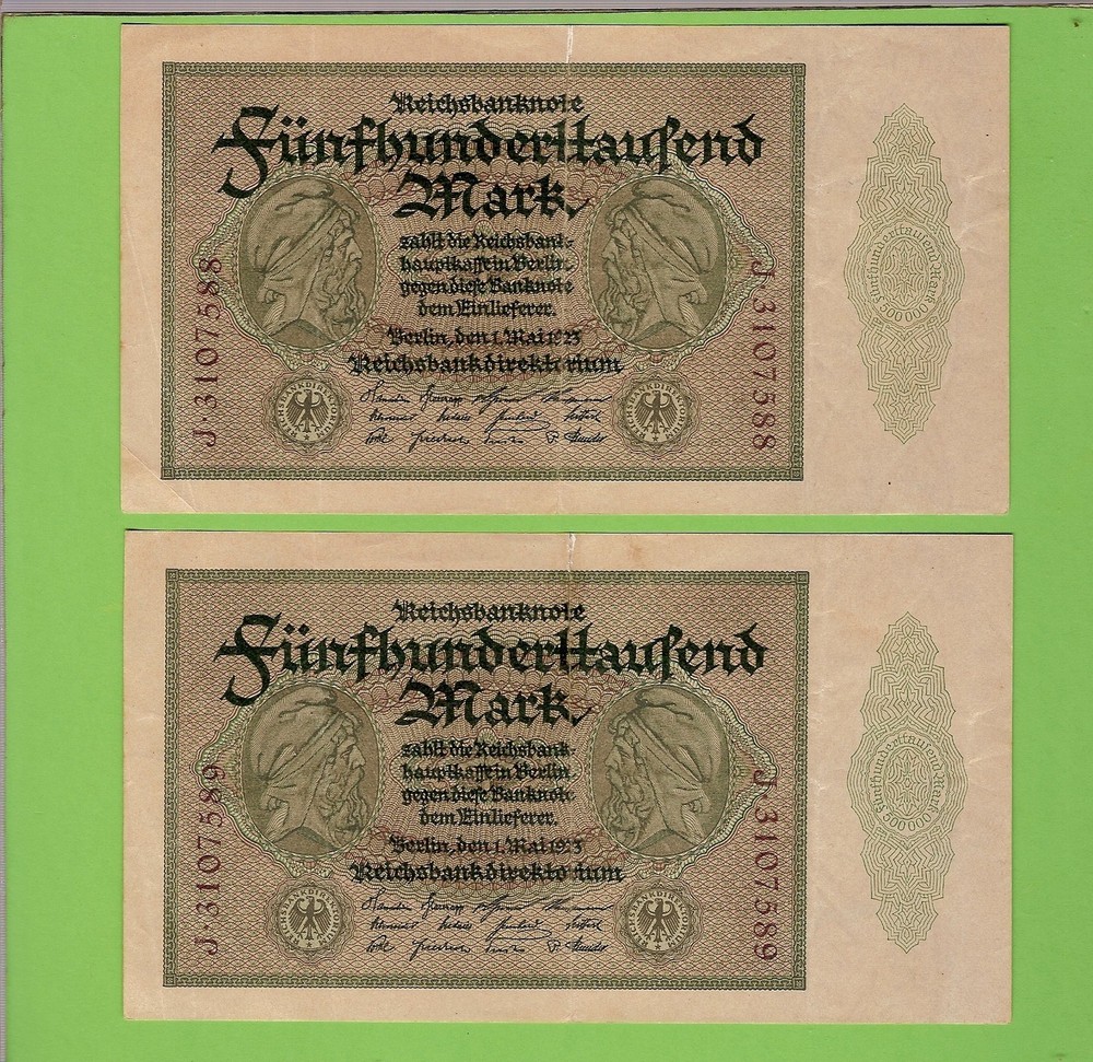 CONSECUTIVE PAIR GERMAN 1923 500000 MARK BANKNOTESJ.3107588/9