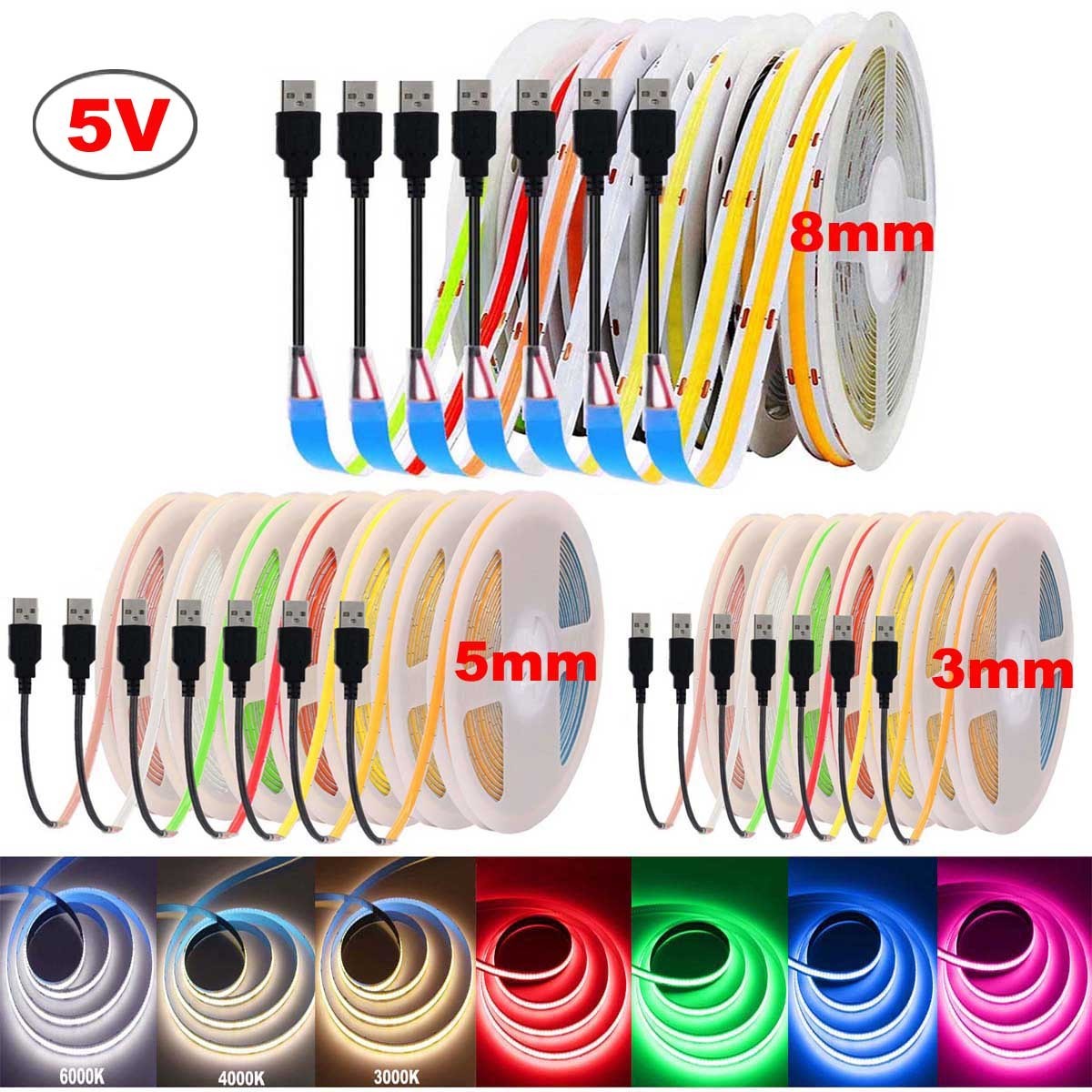 USB 5V COB LED Strip 3/5/8mm Tape Light Bedroom Kitchen Under Cabinet Home Decor