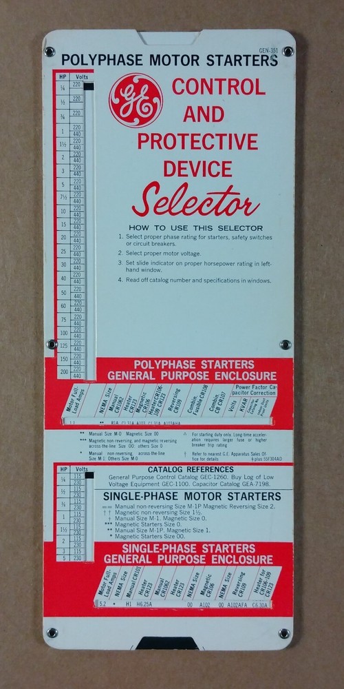 GE Control & Protective Device Starters Selector vintage Slide Calculator