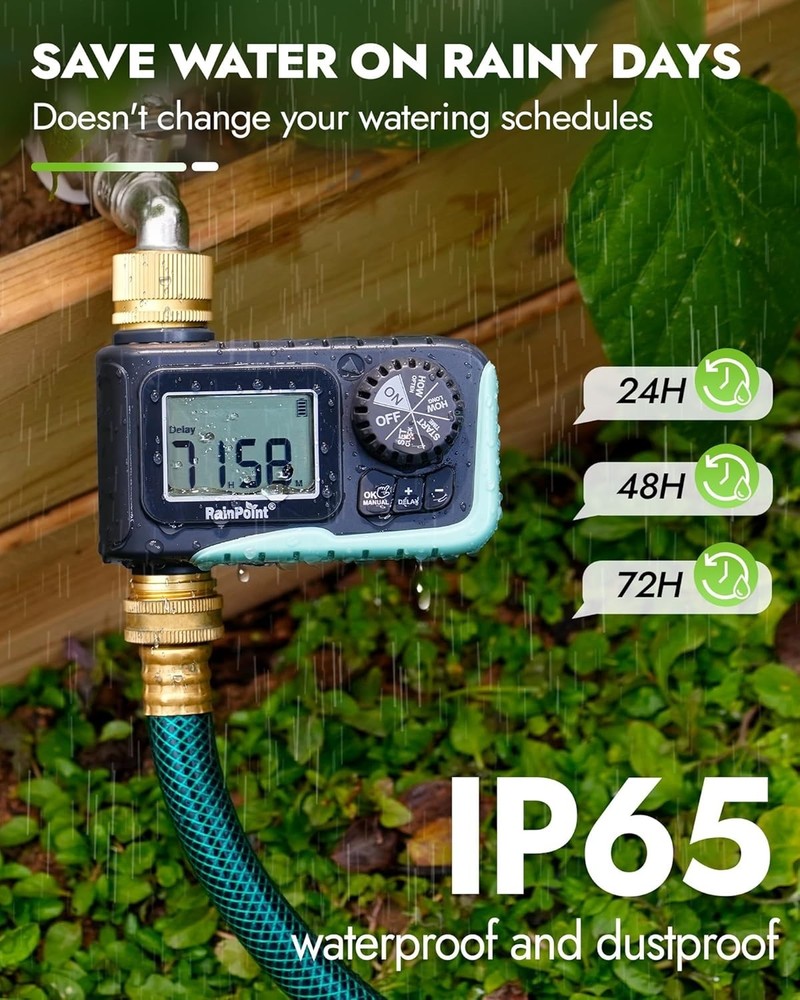 Brass Inlet & Outlet Water Timer for Garden Hose, Programmable Rain Delay