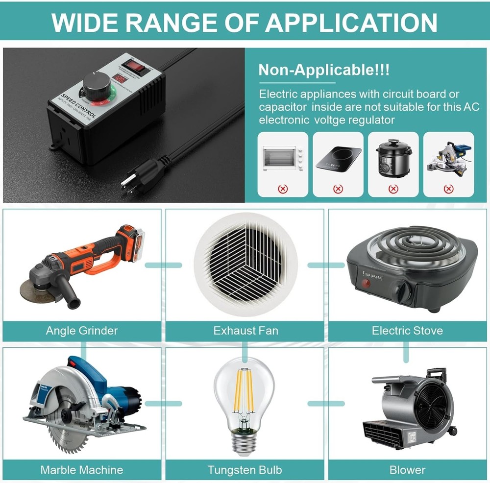High-Capacity AC Motor Speed Controller 120V 15A 4000W - Universal Variable S...