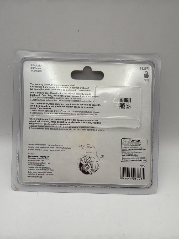 Master Lock 1533TRI Mini Padlocks 3‑Pack Same Combo 9/16” Shackle New