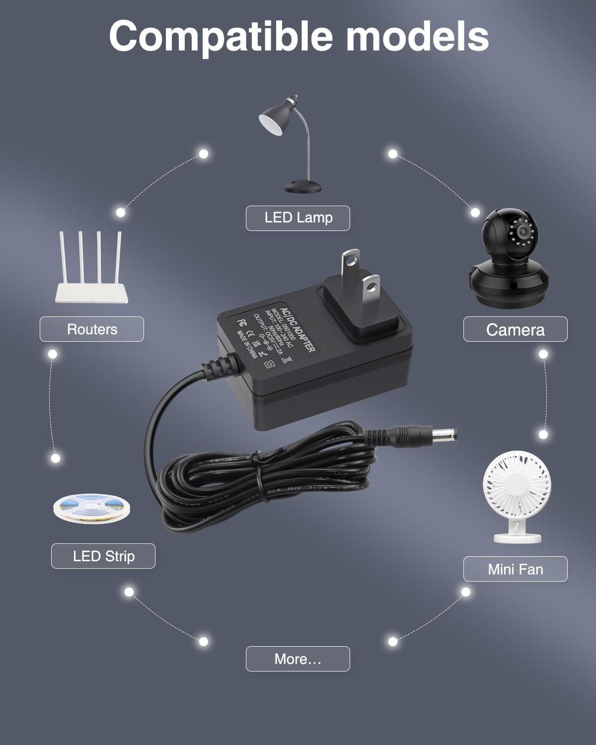 5V 2A Power Supply 5Volt 2Amp AC Adapter 100-240V DC 5V Power Cord 10FT with DC