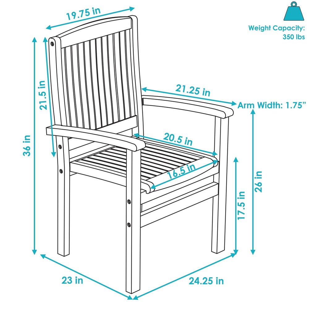 2 Solid Teak Wood Stackable Outdoor Dining Armchair - Light Brown by Sunnydaze