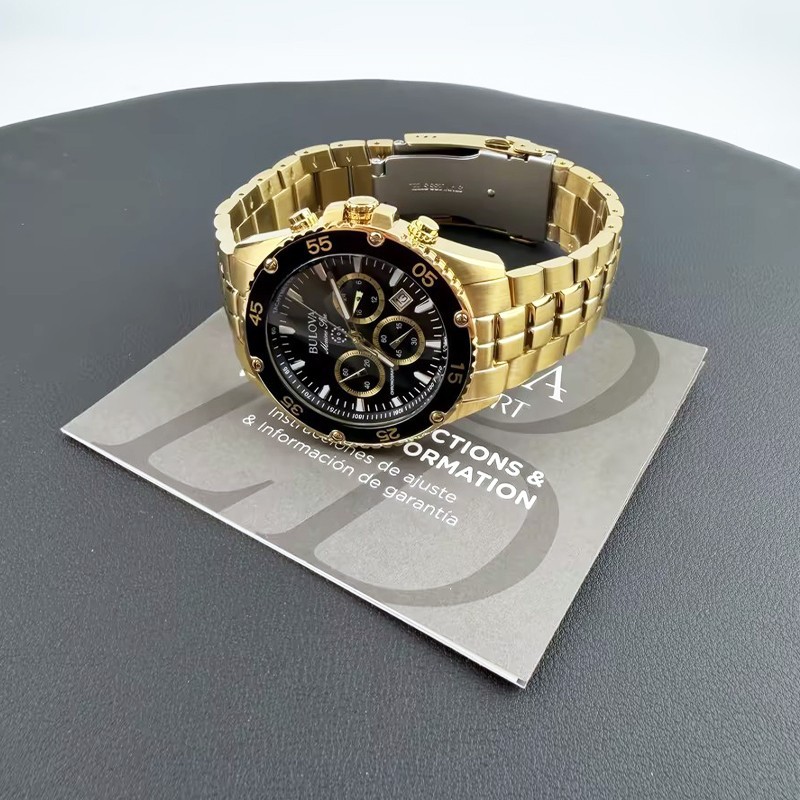 Men Bulova Marine Star Black/Gold Dial Chronograph 98B406 Quartz Watch 41.5mm