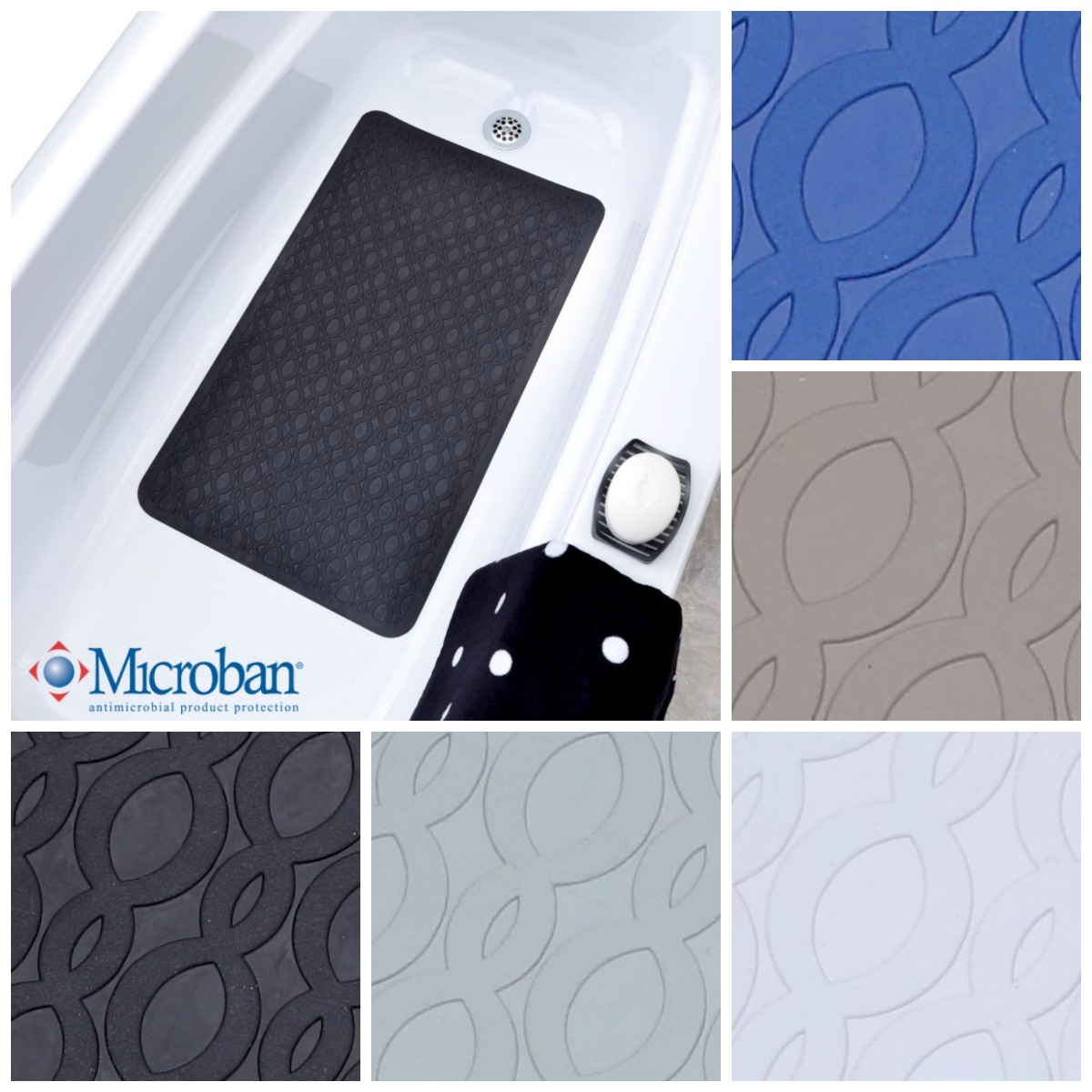 Mildew Resistant Large Rubber Bath Safety Mats: Blue, Black, White, Tan, Gray