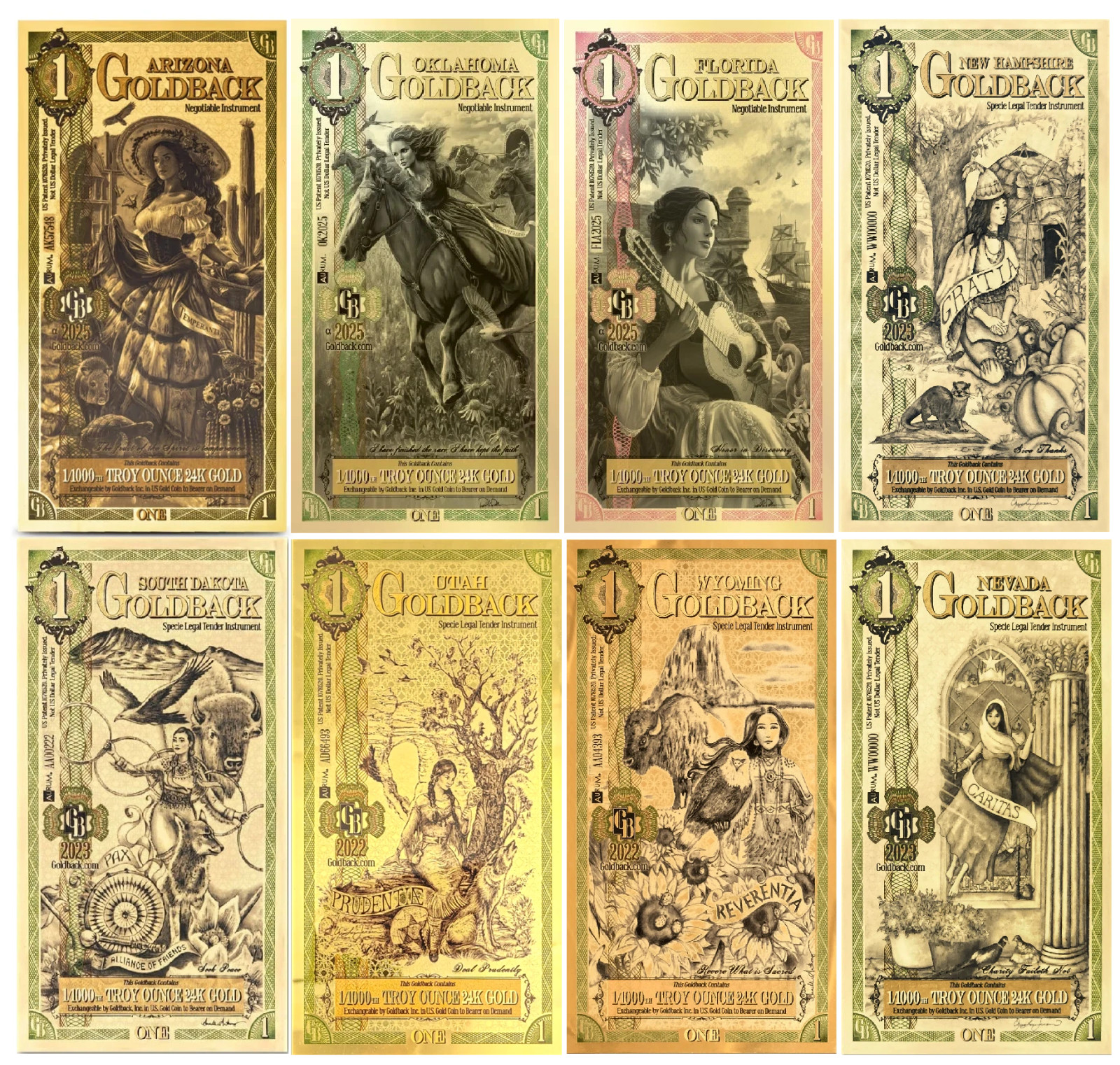 Lot of 8 Goldback 24KT Gold Foil Notes 1/1000th Oz FL NV NH SD UT WY OK AZ