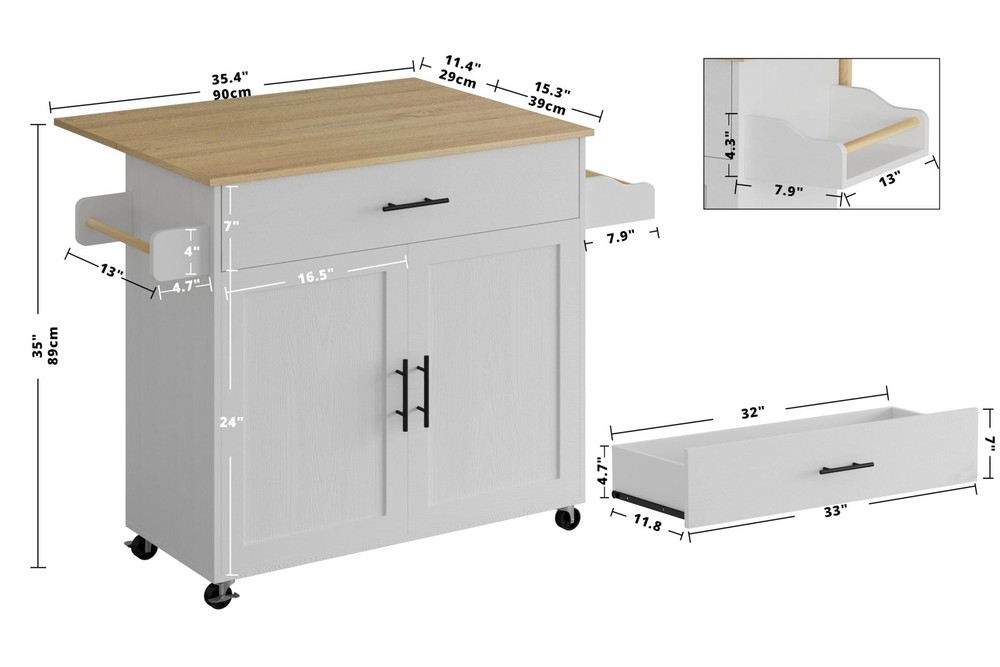 IRONCK Rolling Kitchen Island Table on Wheels with Drop Leaf, Storage Cabinet, D
