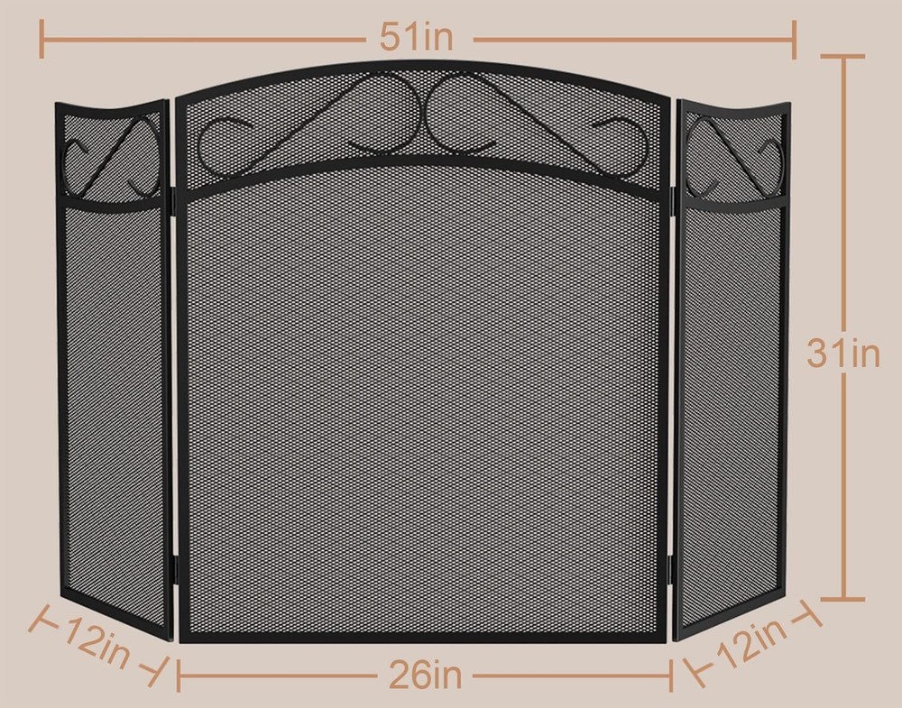 Fire Beauty Foldable Fireplace Screen 3 Panel Wrought Iron with Spark Guard ...