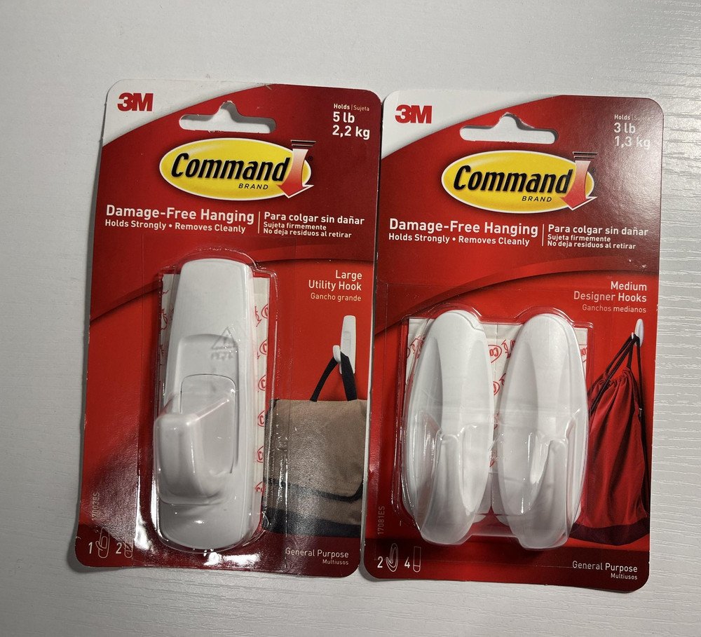 2LOT 3M Command Damage-Free Hooks 17003ES 17081ES Large Medium Designer White