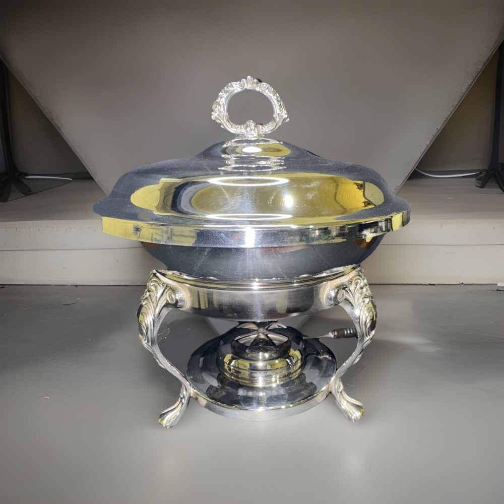 Ornate silver-plated chafing dish with lidded server and stand